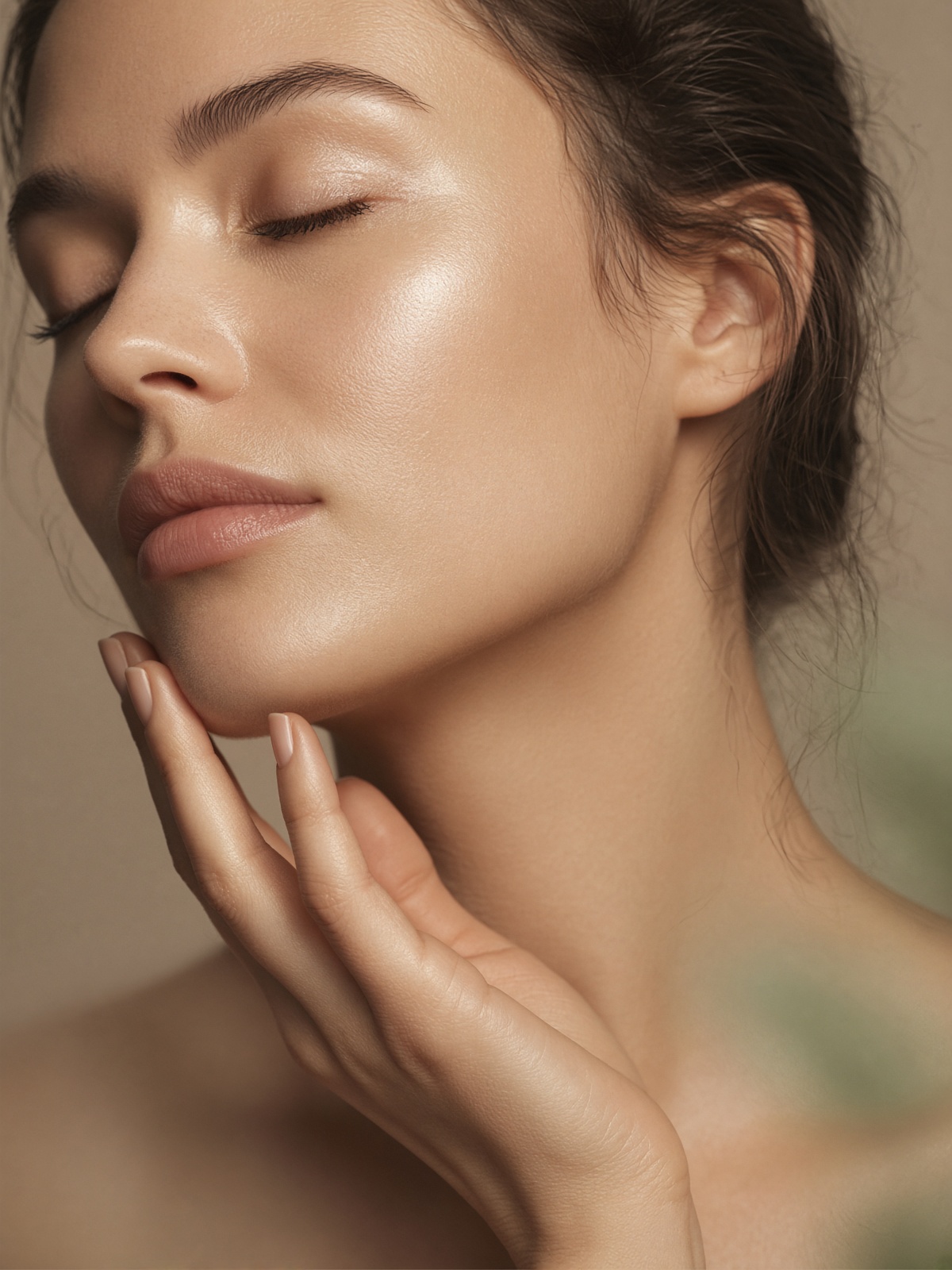 Close study of skin and a hand at the jawline.